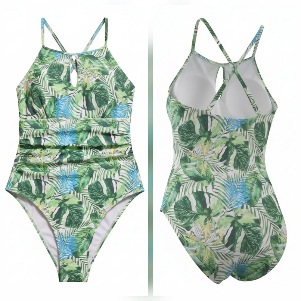 Tahari One piece Swimsuit Bathing Suit Keyhole MEDIUM Tropical Green Leaf Palm - Picture 3 of 16
